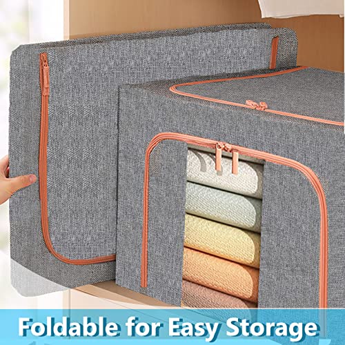 100L Large Clothes Storage Bags, Stackable Storage Bins with Hold Shape Metal Frame, Foldable Closet Organizer Storage Containers with Zipper, Clear Window, Durable Handles Thick Fabric Storage Box for Seasonal Clothing & Bedding (Gray, 3 Pack)