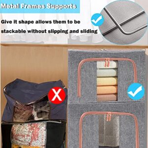 100L Large Clothes Storage Bags, Stackable Storage Bins with Hold Shape Metal Frame, Foldable Closet Organizer Storage Containers with Zipper, Clear Window, Durable Handles Thick Fabric Storage Box for Seasonal Clothing & Bedding (Gray, 3 Pack)