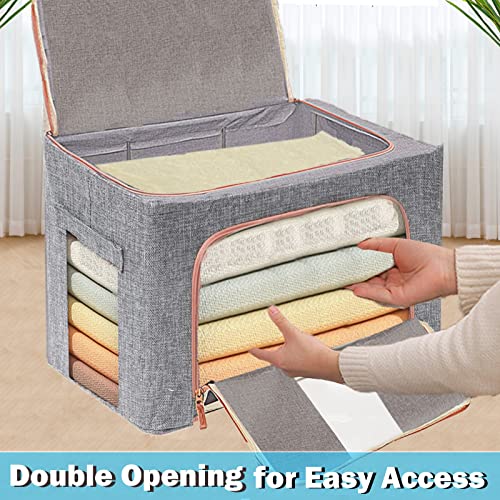 100L Large Clothes Storage Bags, Stackable Storage Bins with Hold Shape Metal Frame, Foldable Closet Organizer Storage Containers with Zipper, Clear Window, Durable Handles Thick Fabric Storage Box for Seasonal Clothing & Bedding (Gray, 3 Pack)
