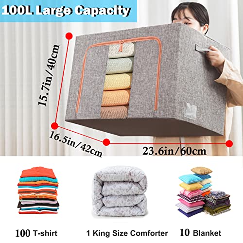 100L Large Clothes Storage Bags, Stackable Storage Bins with Hold Shape Metal Frame, Foldable Closet Organizer Storage Containers with Zipper, Clear Window, Durable Handles Thick Fabric Storage Box for Seasonal Clothing & Bedding (Gray, 3 Pack)