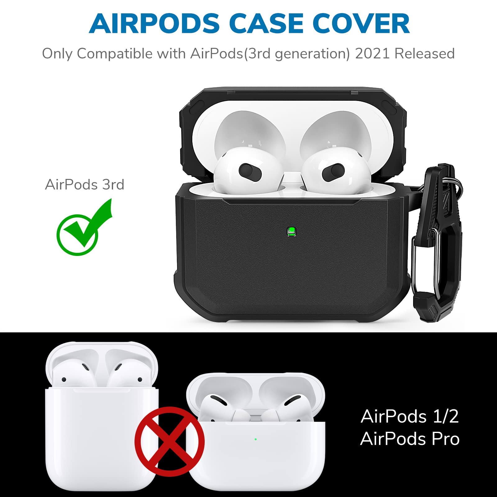 AirPods 3rd Generation Case (2021), Atemto Full-Body Hard Shell Protective Apple AirPods 3 Case Cover Protector with Carabiner Support AirPods Gen 3 Wireless Charging[Front LED Visible], Black