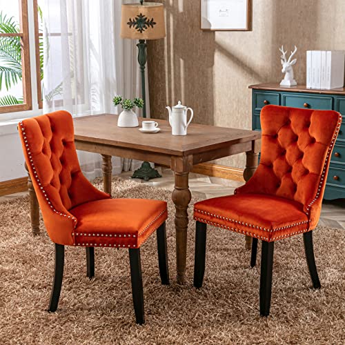 LZ LEISURE ZONE Velvet Dining Chairs Set of 2, Upholstered Accent Chairs with Button Tufted, Nailhead Trim and Back Ring Pull, Orange, Seat Height 20"