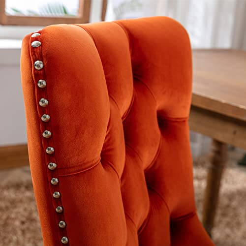 LZ LEISURE ZONE Velvet Dining Chairs Set of 2, Upholstered Accent Chairs with Button Tufted, Nailhead Trim and Back Ring Pull, Orange, Seat Height 20"