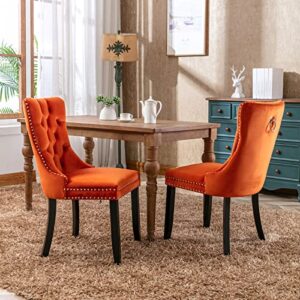 LZ LEISURE ZONE Velvet Dining Chairs Set of 2, Upholstered Accent Chairs with Button Tufted, Nailhead Trim and Back Ring Pull, Orange, Seat Height 20"