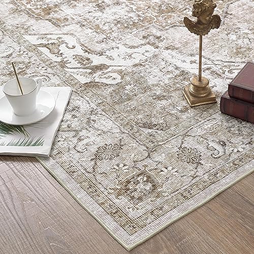 jinchan Runner Rug 2x6 Hallway Persian Rug Vintage Rug Traditional Area Rug for Kitchen Floor Cover Foldable Thin Rug Taupe Multi Distressed Floral Print Indoor Mat for Bathroom Bedroom Living Room