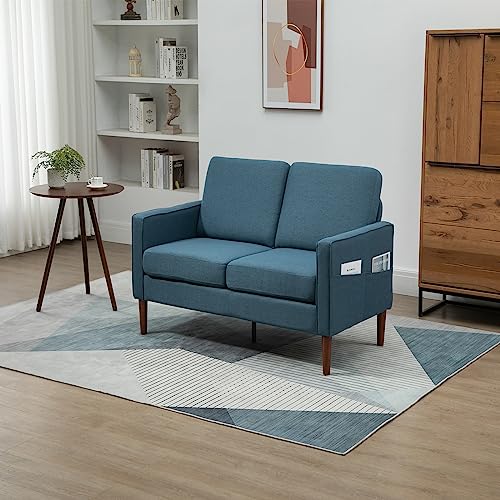 X-VOLSPORT Modern Living Room Loveseat Sofa Couches, Upholstered Linen Fabric Love Seat Armchair Couch with Wide Wooden Legs for Living Room and Office, Blue