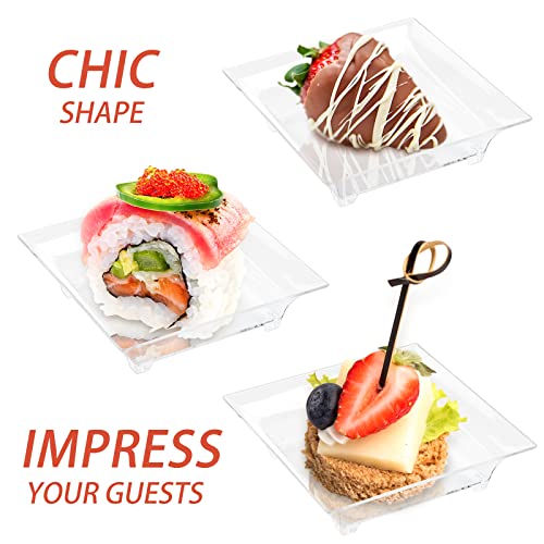 Qeirudu 100 Pack 1 oz Mini Plastic Plates for Appetizers - Small Dessert Plates with Spoons Reusable Square Appetizer Bowls Tiny Individual Serving Trays