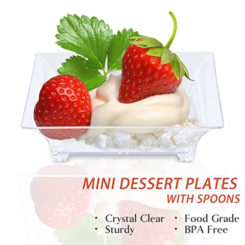 Qeirudu 100 Pack 1 oz Mini Plastic Plates for Appetizers - Small Dessert Plates with Spoons Reusable Square Appetizer Bowls Tiny Individual Serving Trays