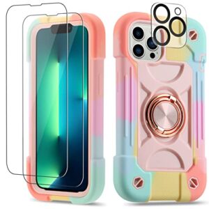 Cookiver iPhone 13 Pro Max 6.7" Case: Ring Stand, 2 Glass Screen Protectors, Camera Lens Protector - Heavy-Duty & Shockproof (Rainbow Pink)