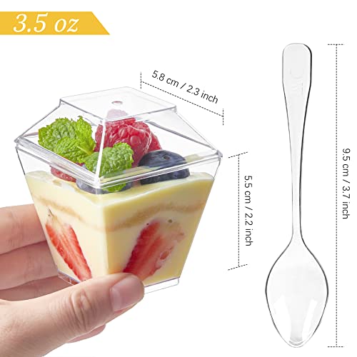 Qeirudu 50 Pack 3.5 oz Mini Dessert Cups with Lids and Spoons - Parfait Cups with Lids Plastic Square Shooter Cups for Party Appetizers Pudding Mousse Triffle