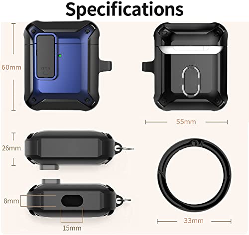 Airpods Case Cover Lock Clip Men with Cleaning Kit, GARTOO Armor Protective Cover with Cleaning Pen Compatible with Airpod 1/2 Case, Shockproof Rugged Shell for Air Pods Charging Case (Black/Blue)