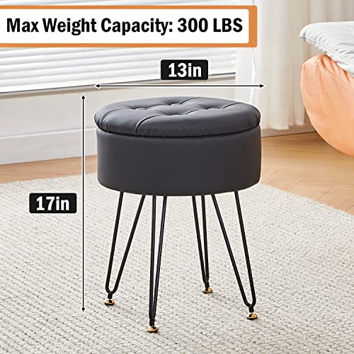 Cpintltr Faux Leather Storage Ottoman Round Footrest Stool Multifunctional Upholstered Ottoman with Metal Legs Modern Vanity Stools Tray Top Coffee Table Suitable for Living Room Bedroom Black