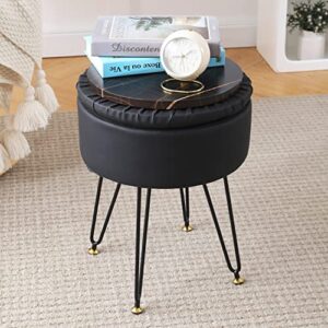 Cpintltr Faux Leather Storage Ottoman Round Footrest Stool Multifunctional Upholstered Ottoman with Metal Legs Modern Vanity Stools Tray Top Coffee Table Suitable for Living Room Bedroom Black