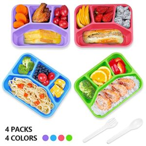 4 Pack Bento Lunch Box, 4-Compartment Meal Prep Containers, Reusable Leakproof Lunch Box Set with Salad Dressing Cups & Tableware, Microwave Safe Food Storage Containers for Work, Travel, Picnic