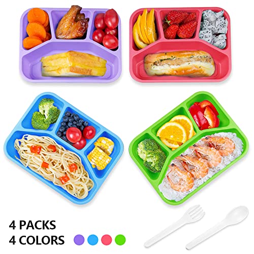 4 Pack Bento Lunch Box, 4-Compartment Meal Prep Containers, Reusable Leakproof Lunch Box Set with Salad Dressing Cups & Tableware, Microwave Safe Food Storage Containers for Work, Travel, Picnic