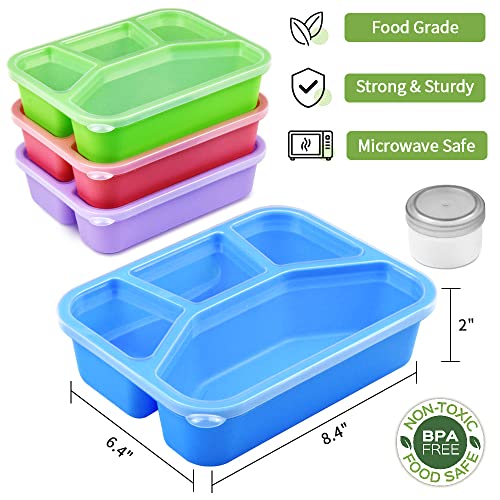 4 Pack Bento Lunch Box, 4-Compartment Meal Prep Containers, Reusable Leakproof Lunch Box Set with Salad Dressing Cups & Tableware, Microwave Safe Food Storage Containers for Work, Travel, Picnic