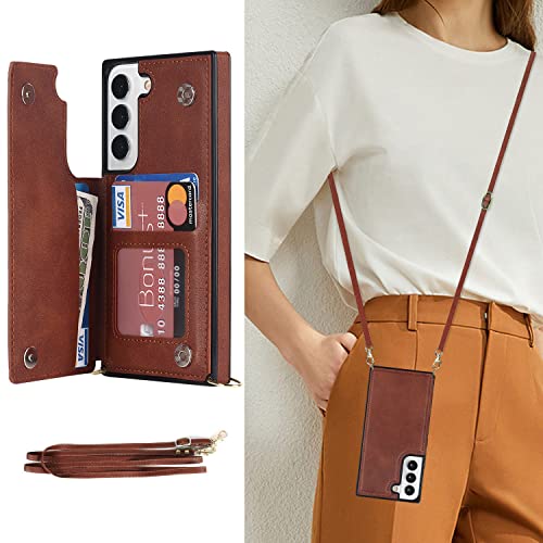 DEFBSC Compatible with Samsung Galaxy S22 Plus Case, Crossbody Wallet Case, Adjustable Detachable Lanyard Neck Strap with Kickstand Leather Card Holder Protective Cover-Brown