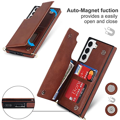DEFBSC Compatible with Samsung Galaxy S22 Plus Case, Crossbody Wallet Case, Adjustable Detachable Lanyard Neck Strap with Kickstand Leather Card Holder Protective Cover-Brown
