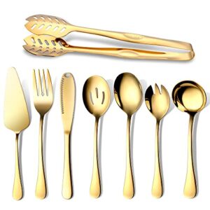 gold serving utensils, ogori 8-piece polished stainless steel flatware silverware set include serving spoon, slotted spoon, soup spoon, cake server, fork, salad fork, butter knife, serving tong