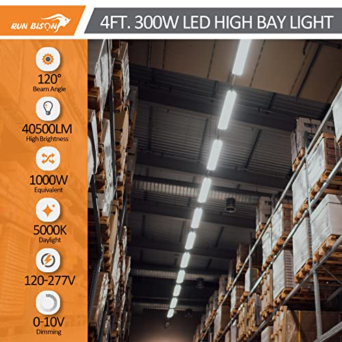 Run Bison 4FT LED Linear High Bay Fixture, 300W LED Shop Light Fixture, 40,500lm 135LM/W, 120-277V, 5000K Daylight Linear Hanging Light for Garage Warehouse Workshops, UL&DLC Listed-4 Pack
