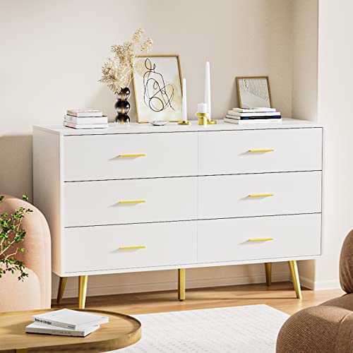 RESOM Dresser for Bedroom, 6 Drawer Double Dresser with Metal Handles, Modern Design, White and Gold Dresser for Closet Hallway,Bedroom (White)