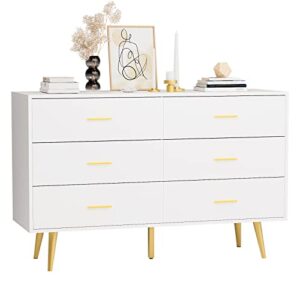 RESOM Dresser for Bedroom, 6 Drawer Double Dresser with Metal Handles, Modern Design, White and Gold Dresser for Closet Hallway,Bedroom (White)