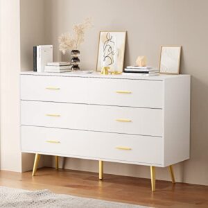 RESOM Dresser for Bedroom, 6 Drawer Double Dresser with Metal Handles, Modern Design, White and Gold Dresser for Closet Hallway,Bedroom (White)