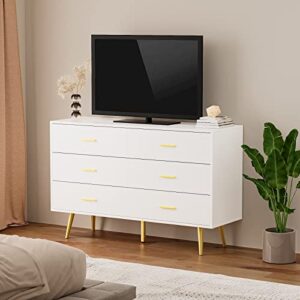 RESOM Dresser for Bedroom, 6 Drawer Double Dresser with Metal Handles, Modern Design, White and Gold Dresser for Closet Hallway,Bedroom (White)