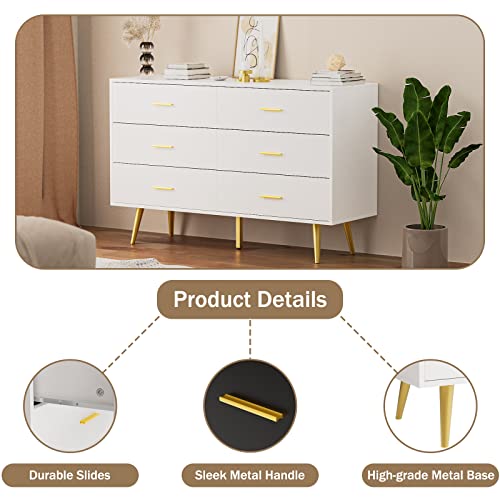 RESOM Dresser for Bedroom, 6 Drawer Double Dresser with Metal Handles, Modern Design, White and Gold Dresser for Closet Hallway,Bedroom (White)