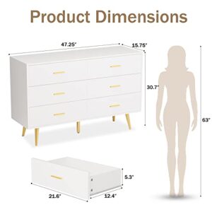 RESOM Dresser for Bedroom, 6 Drawer Double Dresser with Metal Handles, Modern Design, White and Gold Dresser for Closet Hallway,Bedroom (White)