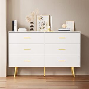 RESOM Dresser for Bedroom, 6 Drawer Double Dresser with Metal Handles, Modern Design, White and Gold Dresser for Closet Hallway,Bedroom (White)