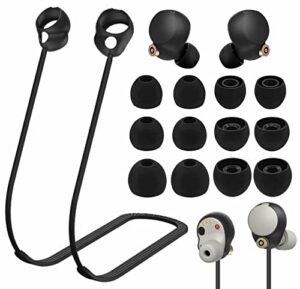 strap ear tips kit for wf-1000xm4, anti-lost soft silicone lanyard neck rope cord leash replacement gel eartips earbuds skin accessories compatible with sony wf-1000xm4 - black