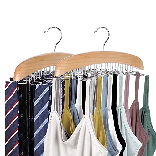 2Pcs Tank Top Hanger, Tie Belt Hangers, Bra Hanger with Premium Wood, Foldable Tie Rack Hanger,Space Saving Closet Organizer and Storage Rack, for Camisole, Bras, Ties, Necklace