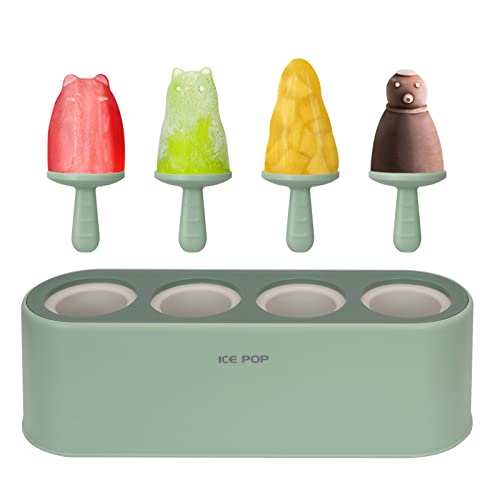 WWW Homemade Popsicle Molds with 4 Cartoon Shape Cavities, Food Grade Silicone Popsicle Maker with Sticks, Easy Release & Clean BPA Free Popsicle Molds for Kids, Reusable Ice Pop Molds, Green