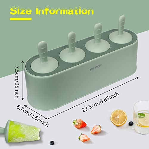 WWW Homemade Popsicle Molds with 4 Cartoon Shape Cavities, Food Grade Silicone Popsicle Maker with Sticks, Easy Release & Clean BPA Free Popsicle Molds for Kids, Reusable Ice Pop Molds, Green