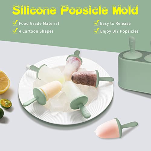 WWW Homemade Popsicle Molds with 4 Cartoon Shape Cavities, Food Grade Silicone Popsicle Maker with Sticks, Easy Release & Clean BPA Free Popsicle Molds for Kids, Reusable Ice Pop Molds, Green