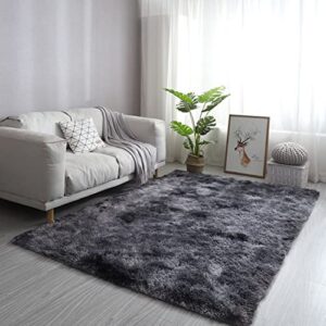 urbest area rugs super soft rustic plush fuzzy shag tie-dye rug for living room kids bedroom pet friendly dark grey 3x5.3 feet