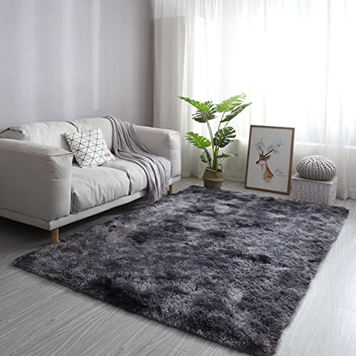 URBEST Area Rugs Super Soft Rustic Plush Fuzzy Shag Tie-Dye Rug for Living Room Kids Bedroom Pet Friendly Dark Grey 3x5.3 Feet