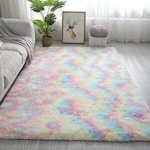 urbest area rugs super soft rustic plush fuzzy shag tie-dye rug for living room kids bedroom pet friendly rainbow 4x6.6 feet