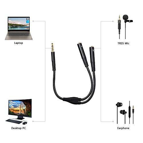 Headset Splitter，Suitable for 1 TRRS Headset and Microphone, 3.5mm Audio Splitter Cable Compatible with Cell Phones, Tablets, New Version Laptops