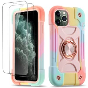 cookiver for iphone 11 pro max case 6.5 inch, with 2 pack glass screen protector,heavy-duty shockproof rugged military grade cover with magnetic car mount for iphone 11 pro max (rainbow pink)