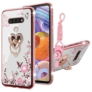kudini for lg stylo 6 case for women glitter crystal soft tpu bling cute butterfly heart floral clear protective cover with kickstand+strap for lg stylo 6/lg k71/lg stylus 6/lg stylo 6(rose gold)