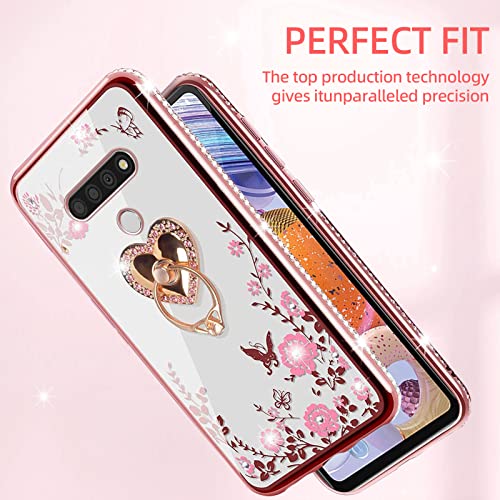 KuDiNi for LG Stylo 6 Case for Women Glitter Crystal Soft TPU Bling Cute Butterfly Heart Floral Clear Protective Cover with Kickstand+Strap for LG Stylo 6/LG K71/LG Stylus 6/LG Stylo 6(Rose Gold)