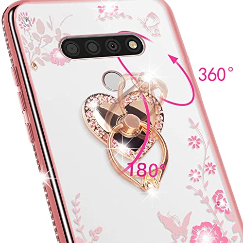 KuDiNi for LG Stylo 6 Case for Women Glitter Crystal Soft TPU Bling Cute Butterfly Heart Floral Clear Protective Cover with Kickstand+Strap for LG Stylo 6/LG K71/LG Stylus 6/LG Stylo 6(Rose Gold)