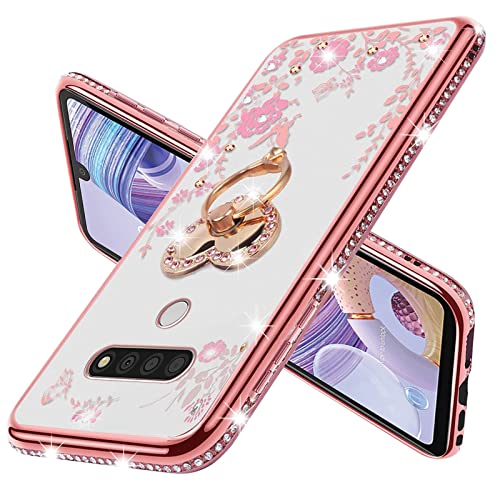 KuDiNi for LG Stylo 6 Case for Women Glitter Crystal Soft TPU Bling Cute Butterfly Heart Floral Clear Protective Cover with Kickstand+Strap for LG Stylo 6/LG K71/LG Stylus 6/LG Stylo 6(Rose Gold)