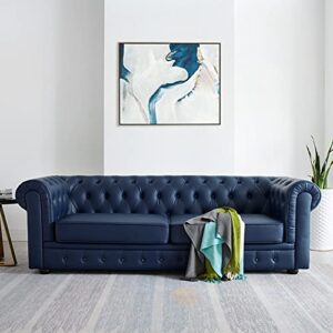 modern classic sofa bigmaii blue faux leather upholstered chesterfield 3 seater couch rolled arm loveseat for living room - 75" l