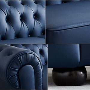 Modern Classic Sofa BIGMAII Blue Faux Leather Upholstered Chesterfield 3 Seater Couch Rolled Arm Loveseat for Living Room - 75" L