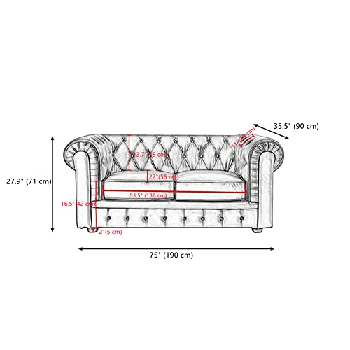 Modern Classic Sofa BIGMAII Blue Faux Leather Upholstered Chesterfield 3 Seater Couch Rolled Arm Loveseat for Living Room - 75" L