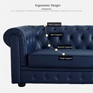 Modern Classic Sofa BIGMAII Blue Faux Leather Upholstered Chesterfield 3 Seater Couch Rolled Arm Loveseat for Living Room - 75" L