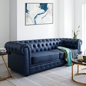 Modern Classic Sofa BIGMAII Blue Faux Leather Upholstered Chesterfield 3 Seater Couch Rolled Arm Loveseat for Living Room - 75" L